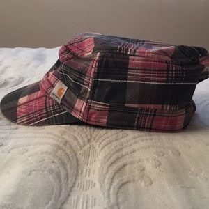 Women’s pink plaid Carhartt hat. Military style